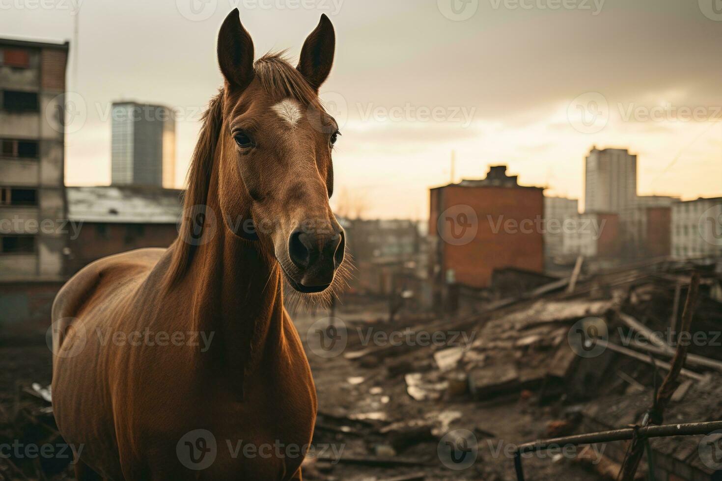 a brown horse standing in front of a building generative ai photo