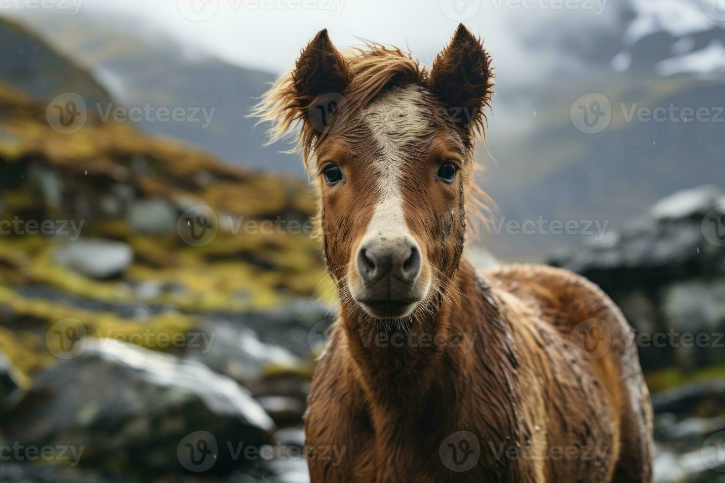 a brown horse standing in front of a mountain generative ai photo
