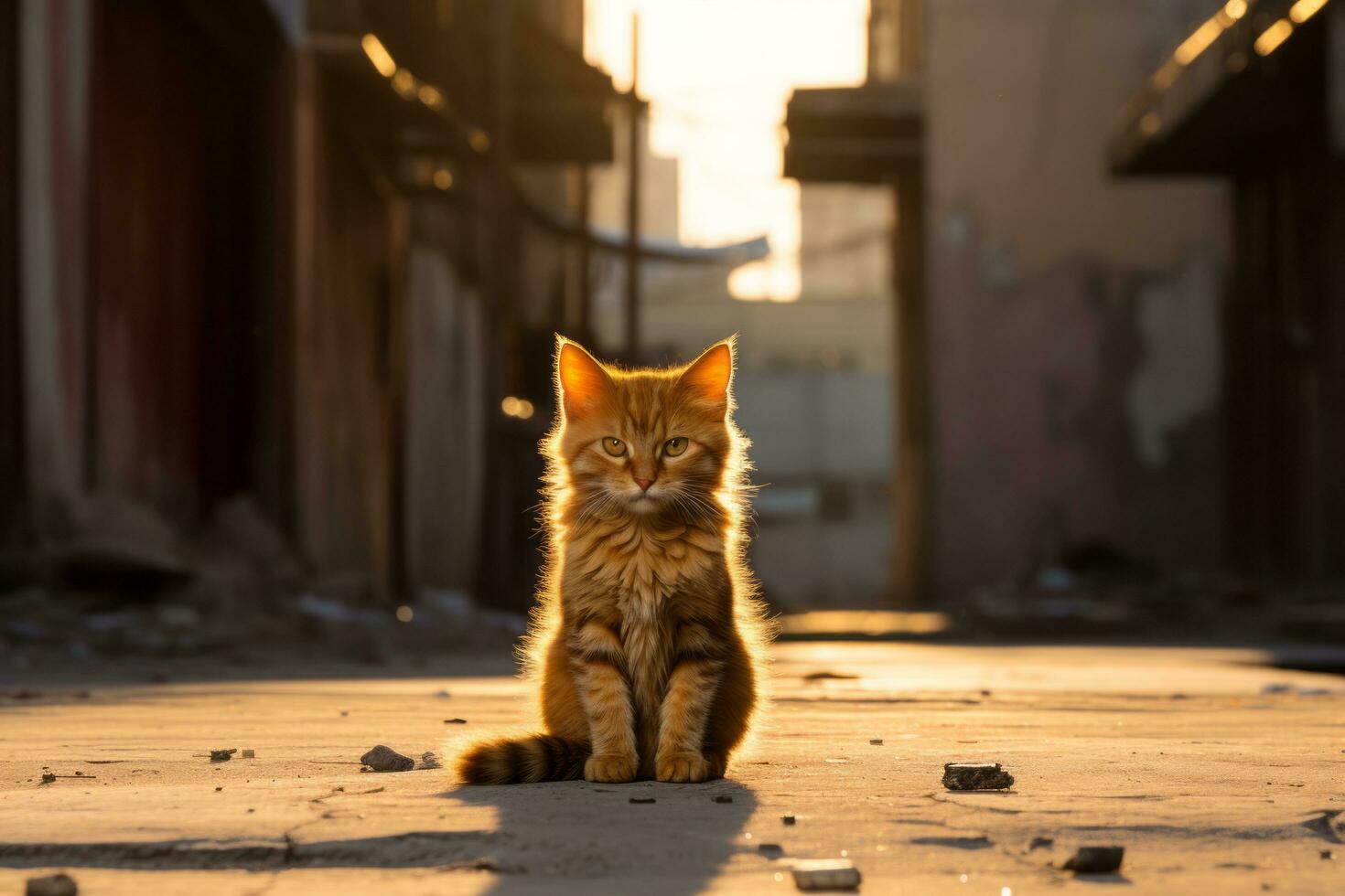 a cat is sitting on the ground in an alley generative ai photo