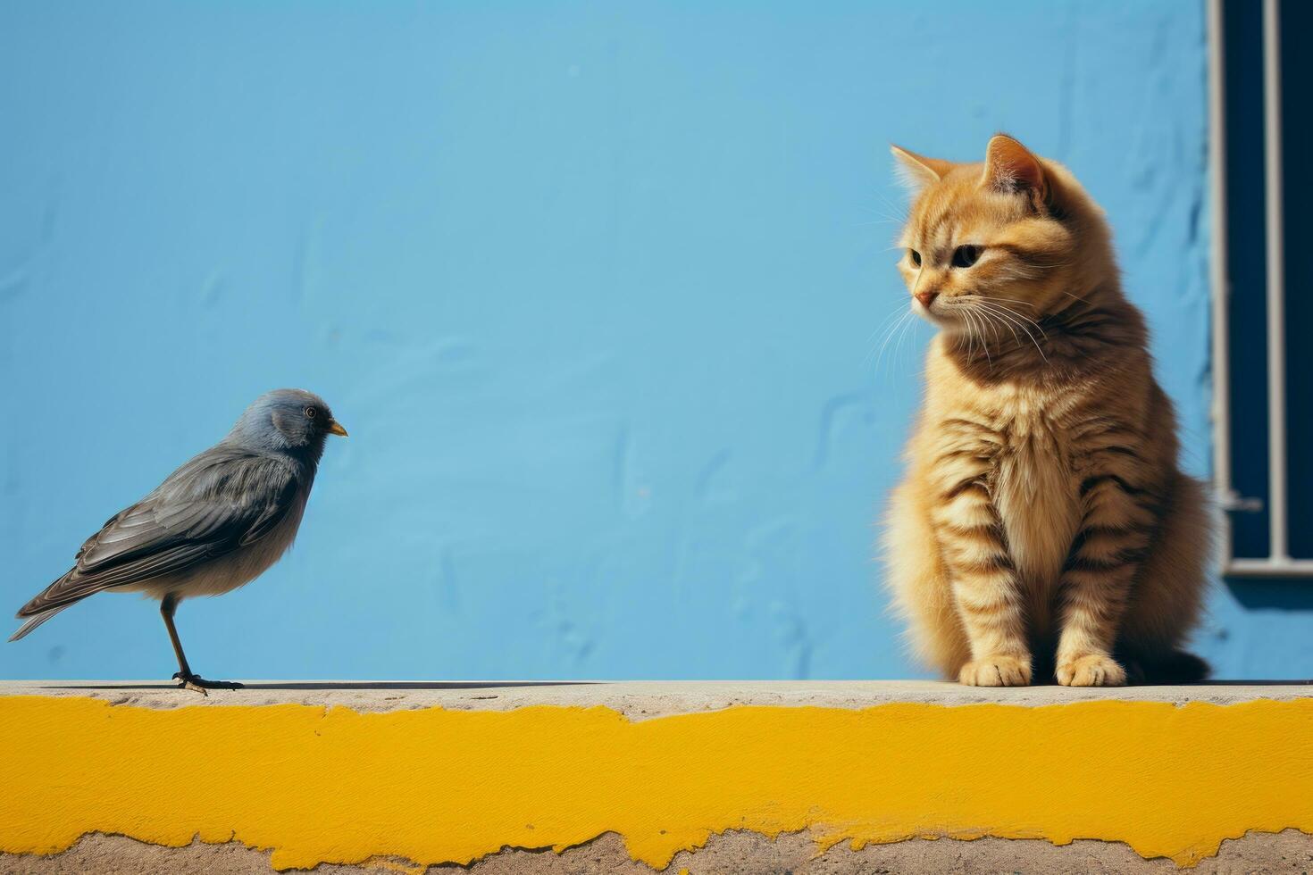 a cat sitting on a ledge next to a bird generative ai photo