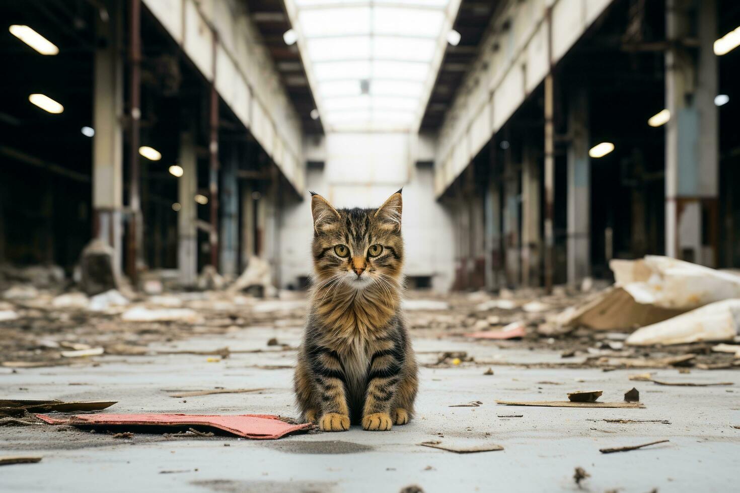 a cat sitting on the floor in an abandoned building generative ai photo