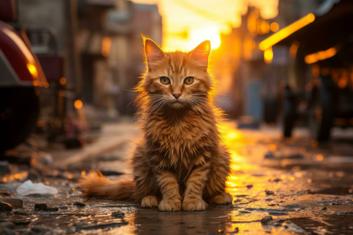 a cat sitting on the ground in front of a building at sunset generative ai photo