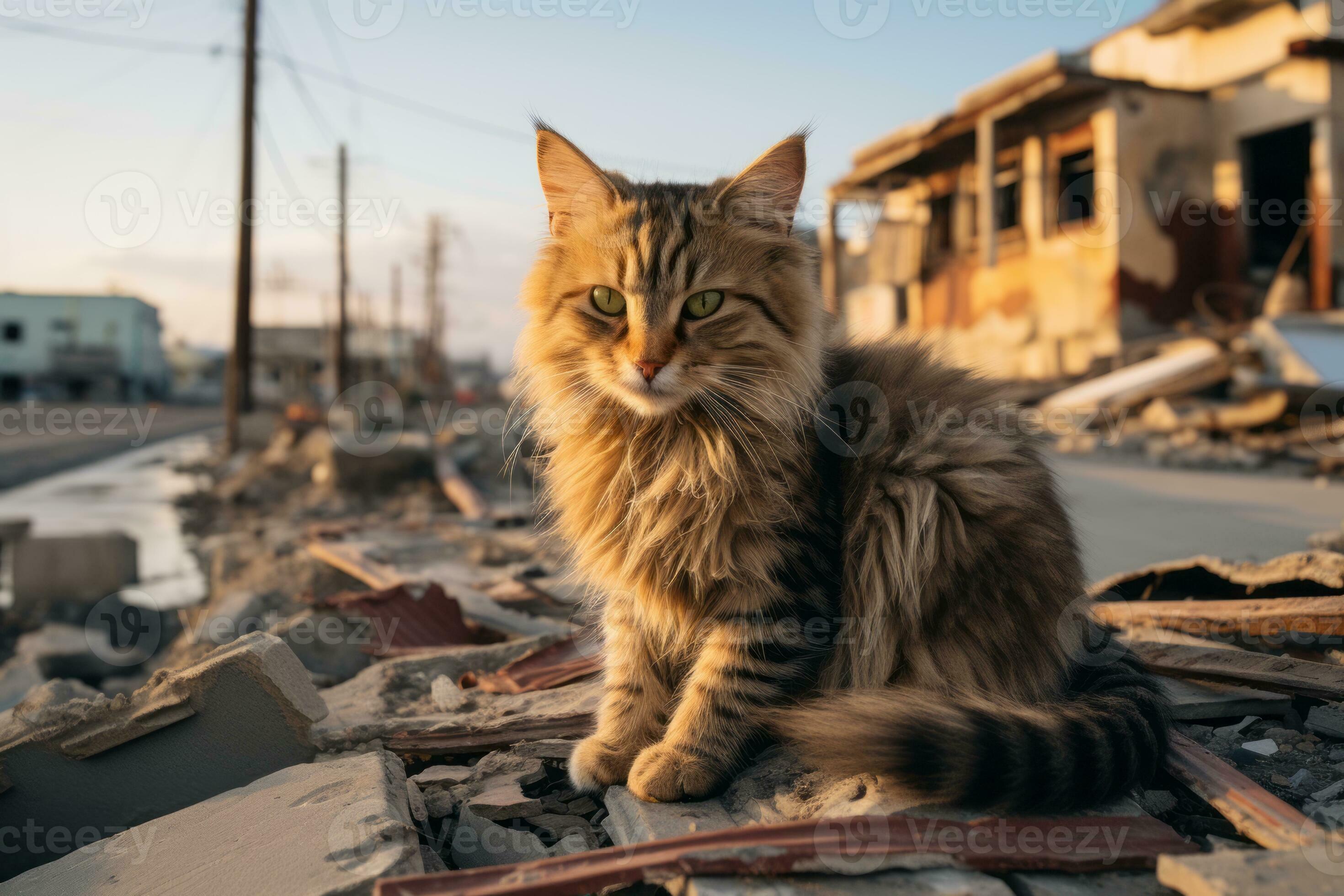a cat sitting on top of a pile of rubble generative ai 32089129