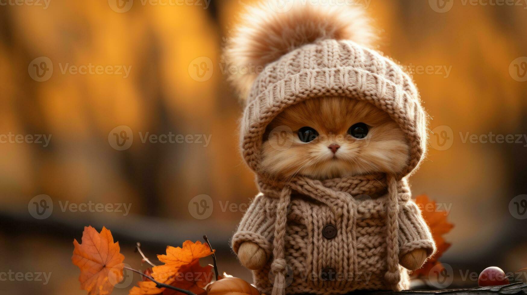 a cat wearing a sweater and hat sitting on a log generative ai photo
