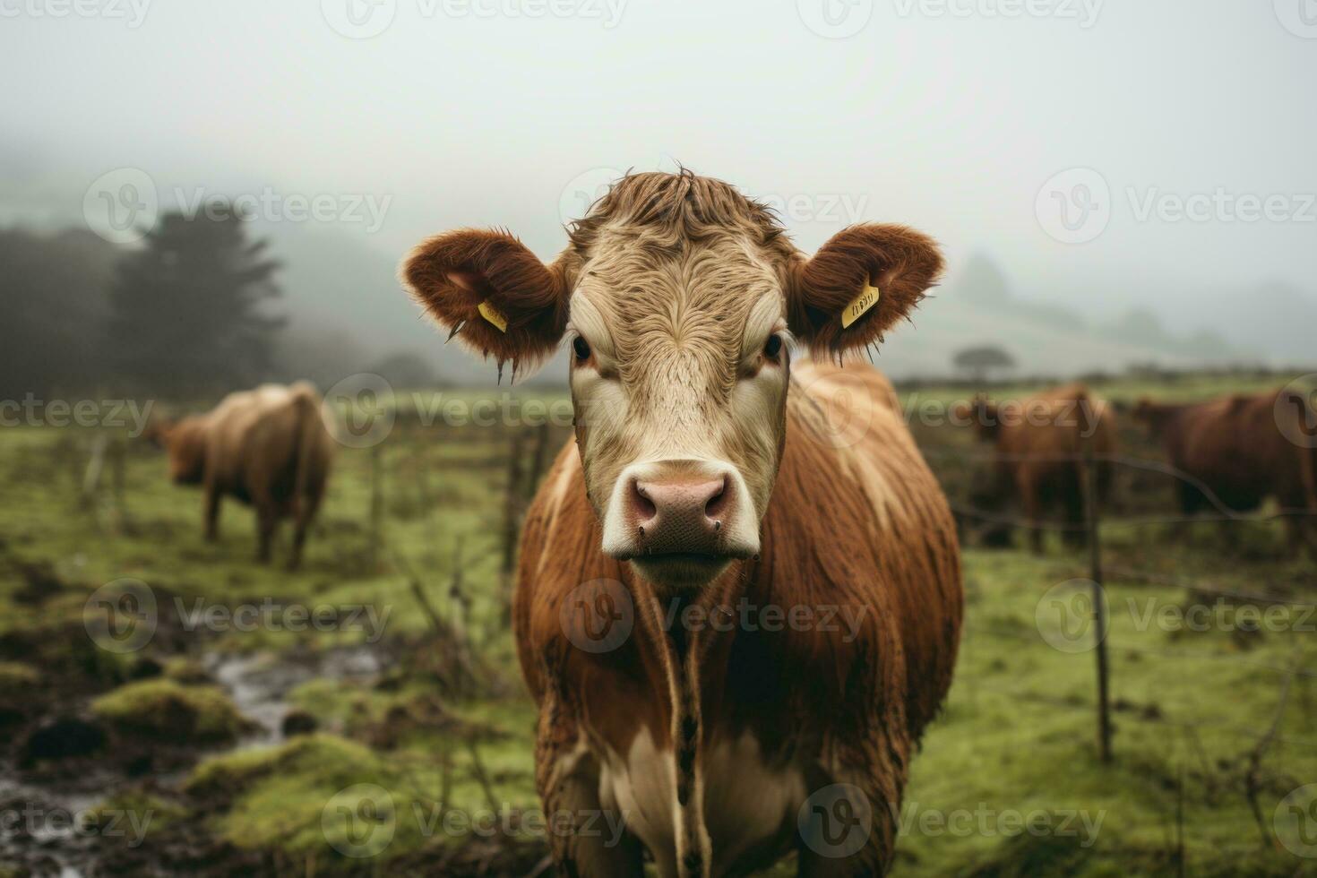 un vaca es en pie en el medio de un campo generativo ai foto