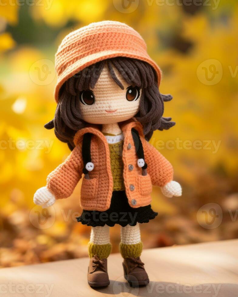 a crochet doll of a little girl wearing an orange coat and hat generative ai photo