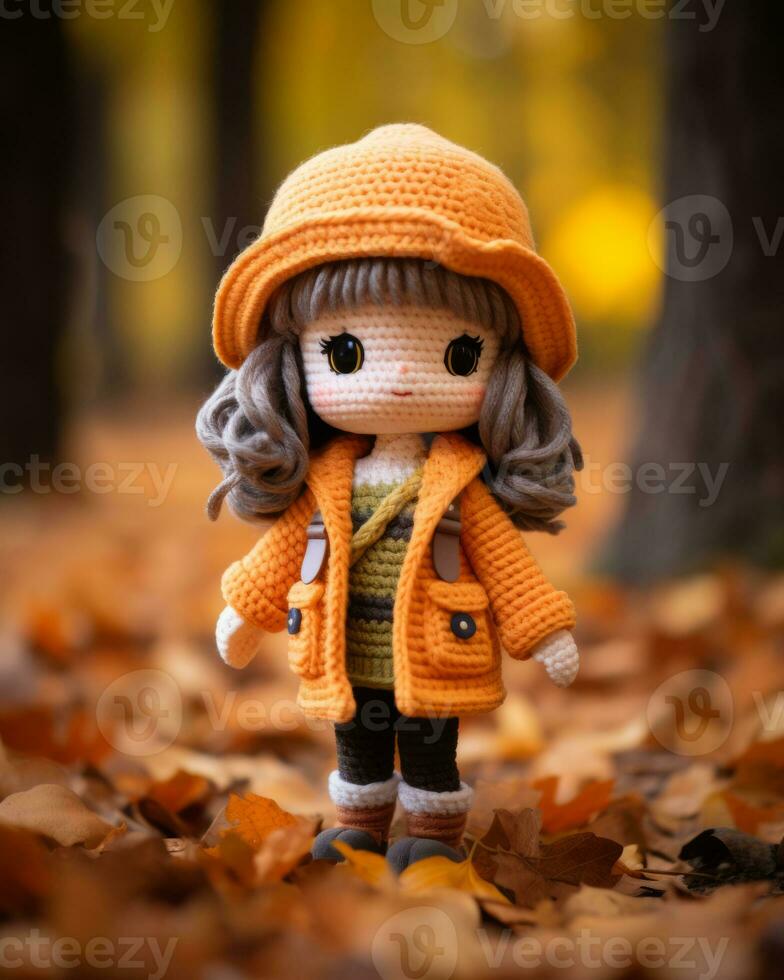 a crochet doll wearing an orange coat and hat stands in the leaves generative ai photo