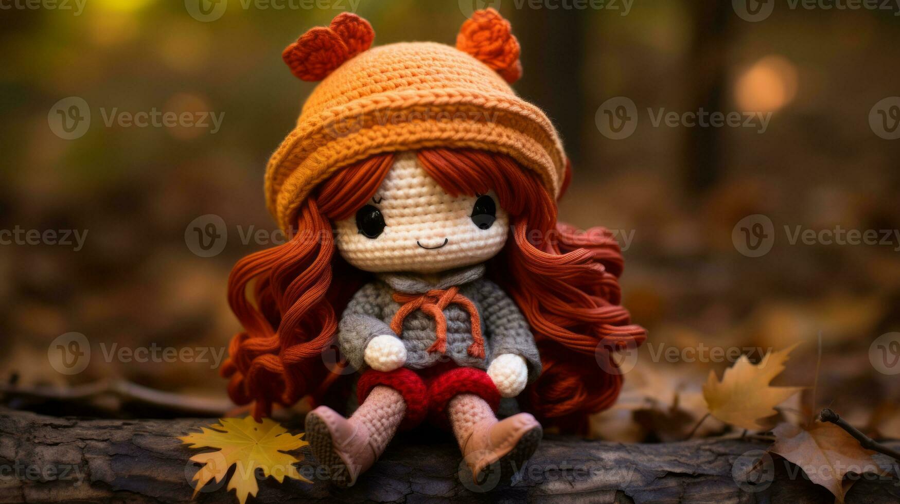 a crochet doll with red hair sitting on a log generative ai photo