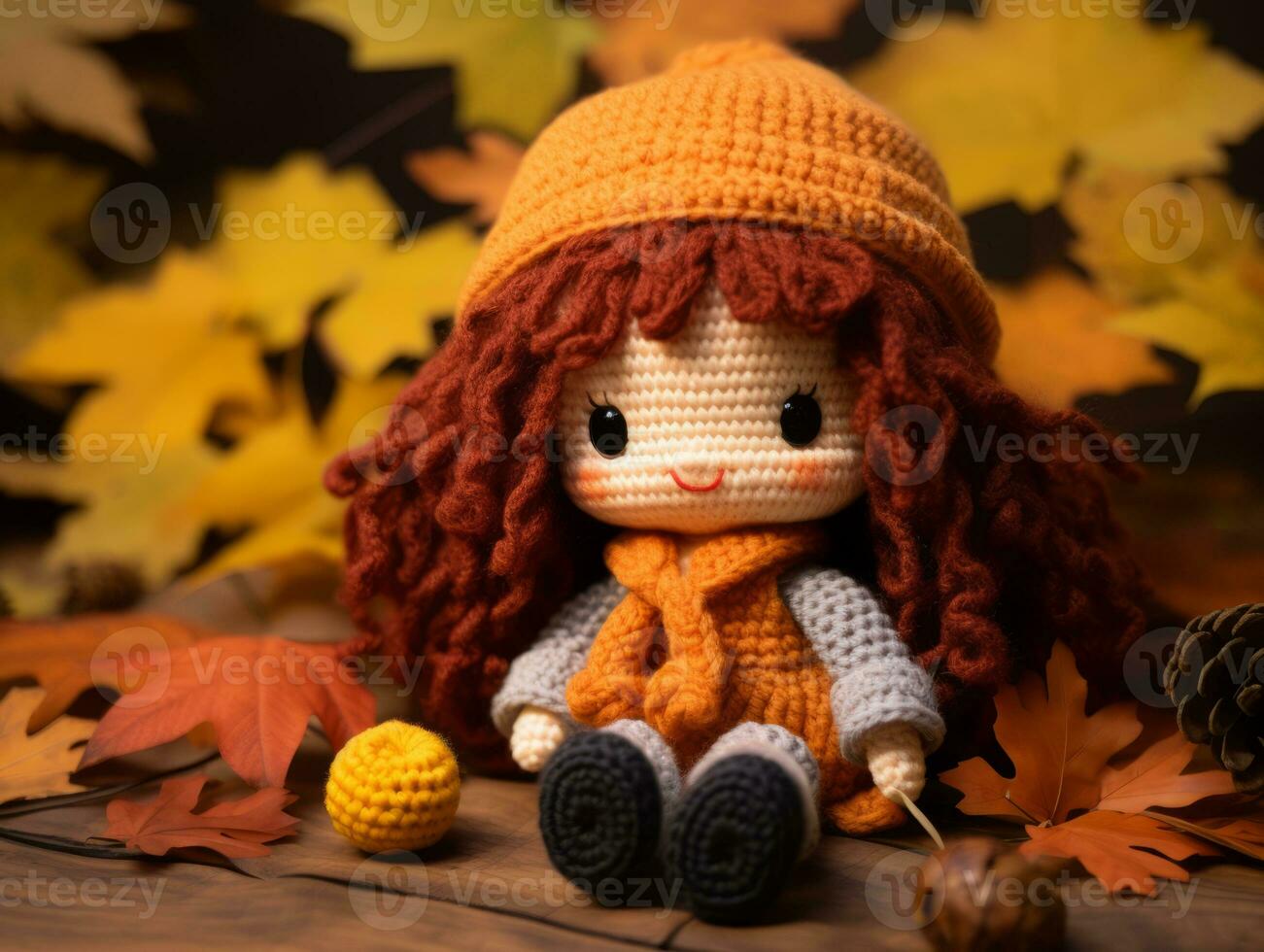 a crocheted doll with red hair sitting on a wooden table surrounded by autumn leaves generative ai photo