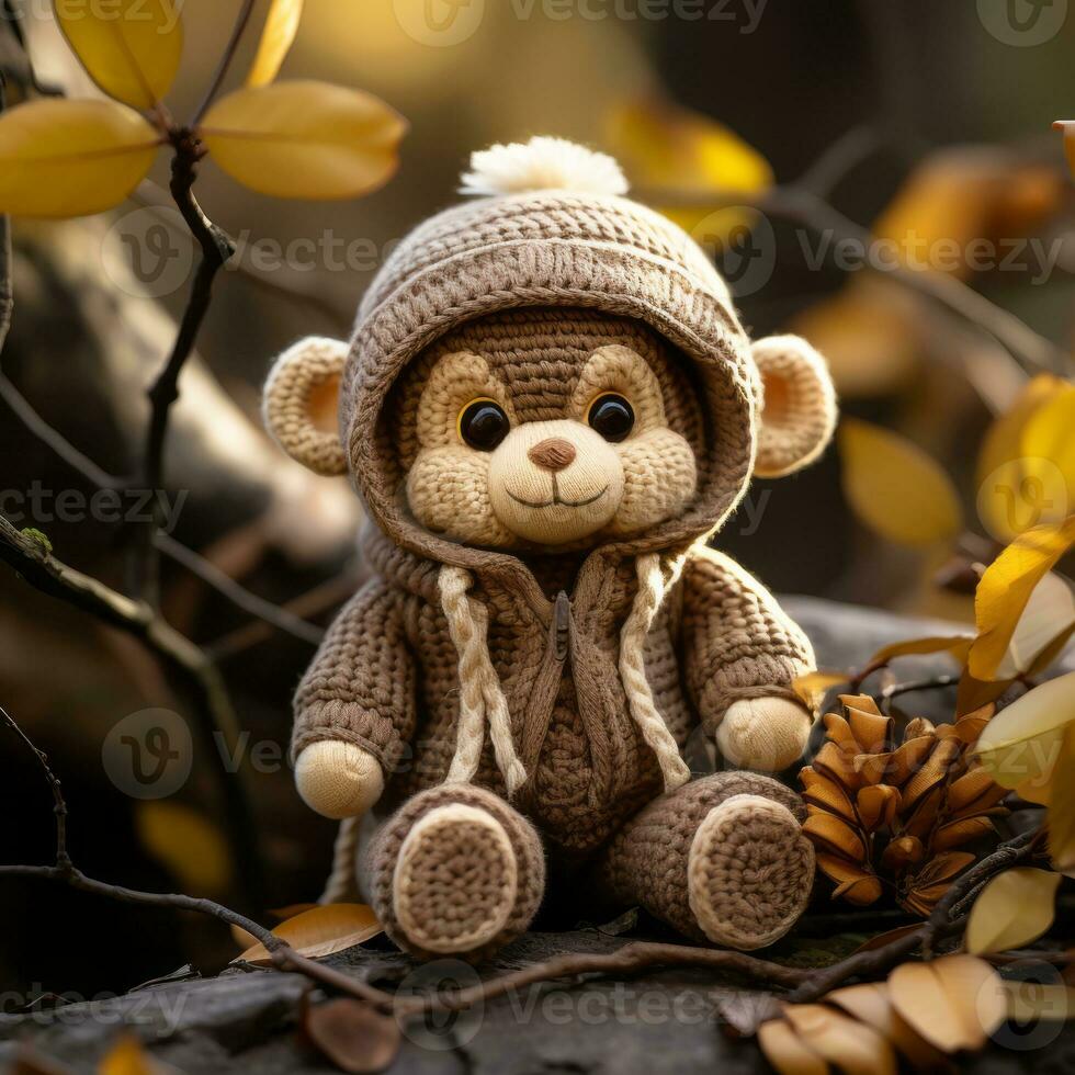 a crocheted monkey is sitting on a branch generative ai photo