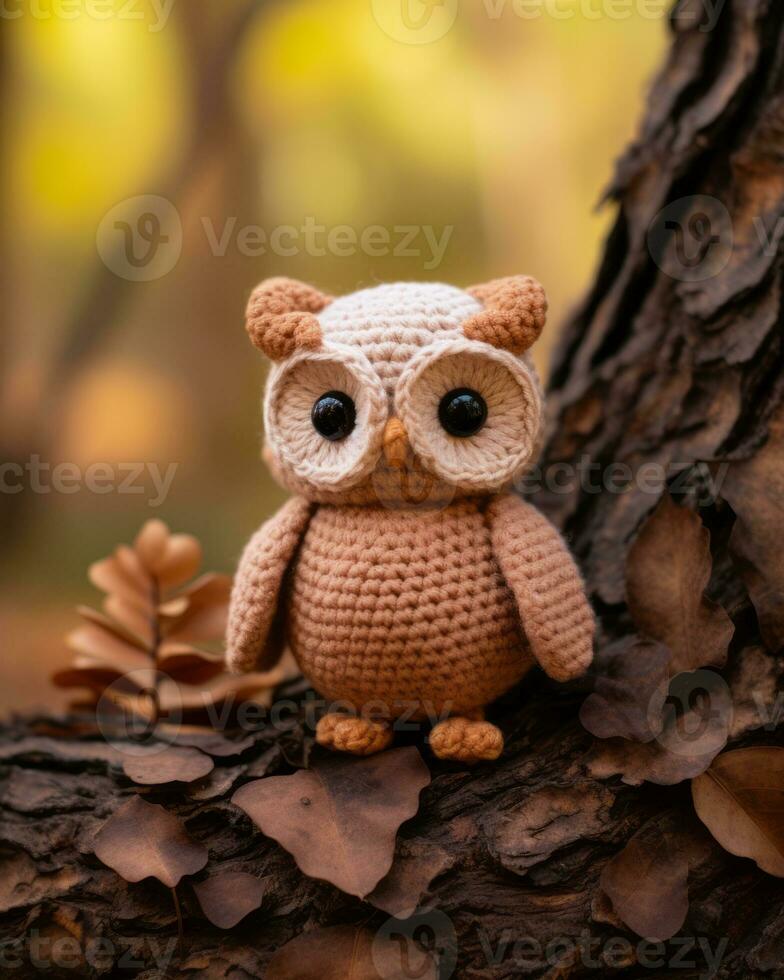 a crocheted owl is sitting on a tree branch generative ai photo