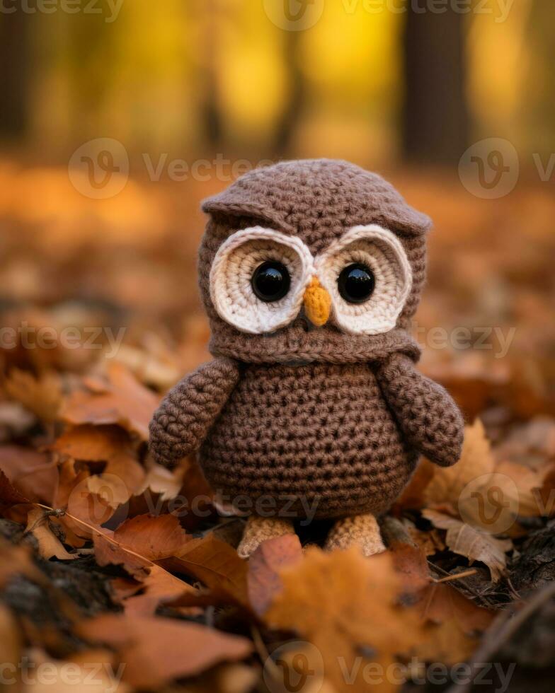 a crocheted owl sitting in the leaves generative ai photo