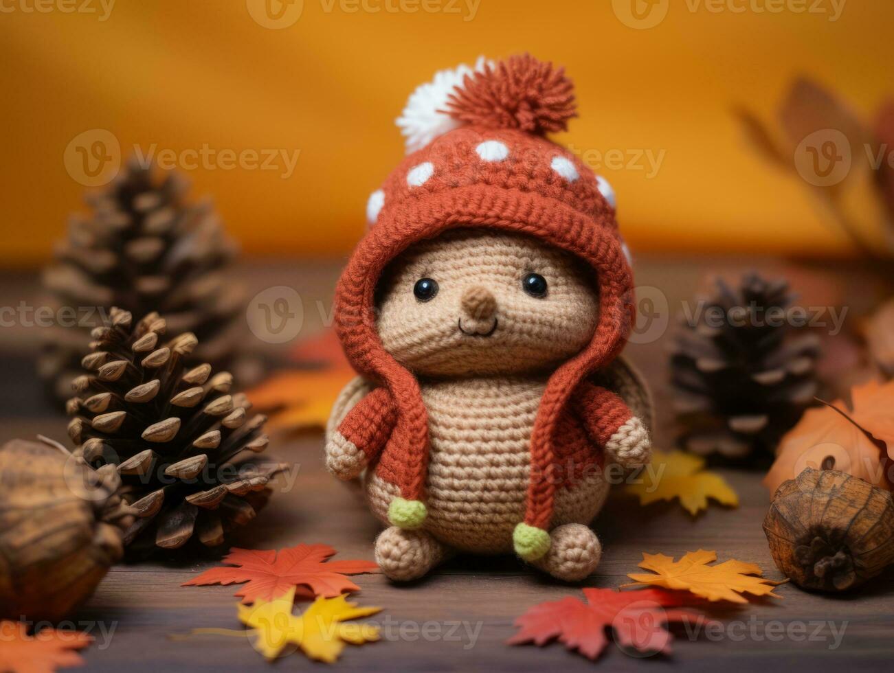 a crocheted squirrel in a red hat sits on a wooden table surrounded by autumn leaves generative ai photo