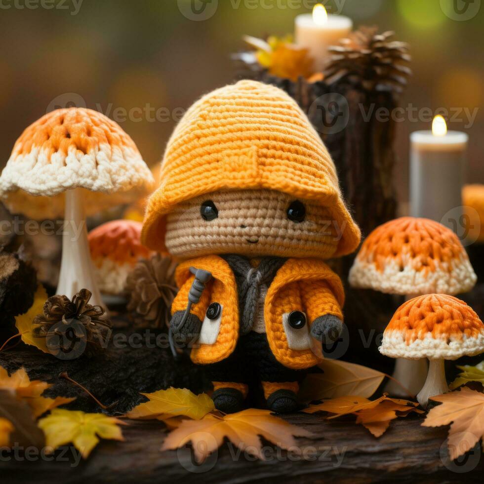 a crocheted toy in an orange jacket and hat sits next to some mushrooms generative ai photo