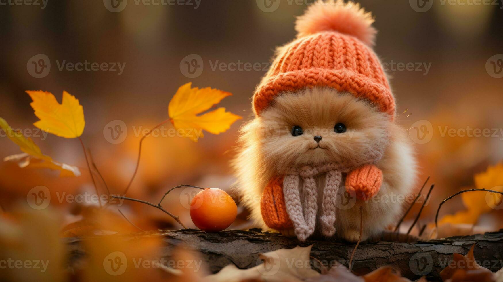 a cute little bunny wearing an orange hat and scarf sitting on the ground in autumn leaves generative ai photo