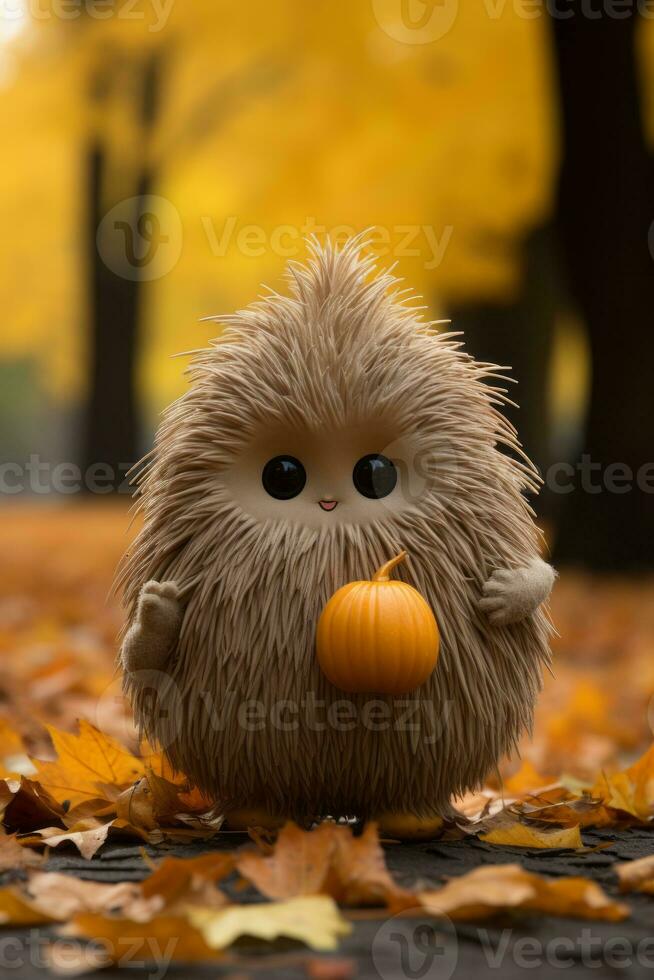 a cute little furry creature holding a pumpkin in the fall generative ai photo