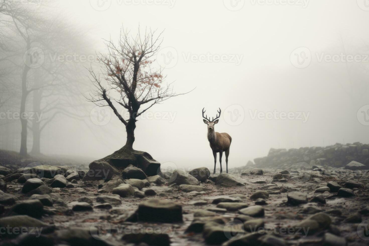 a deer stands alone in a foggy forest generative ai photo