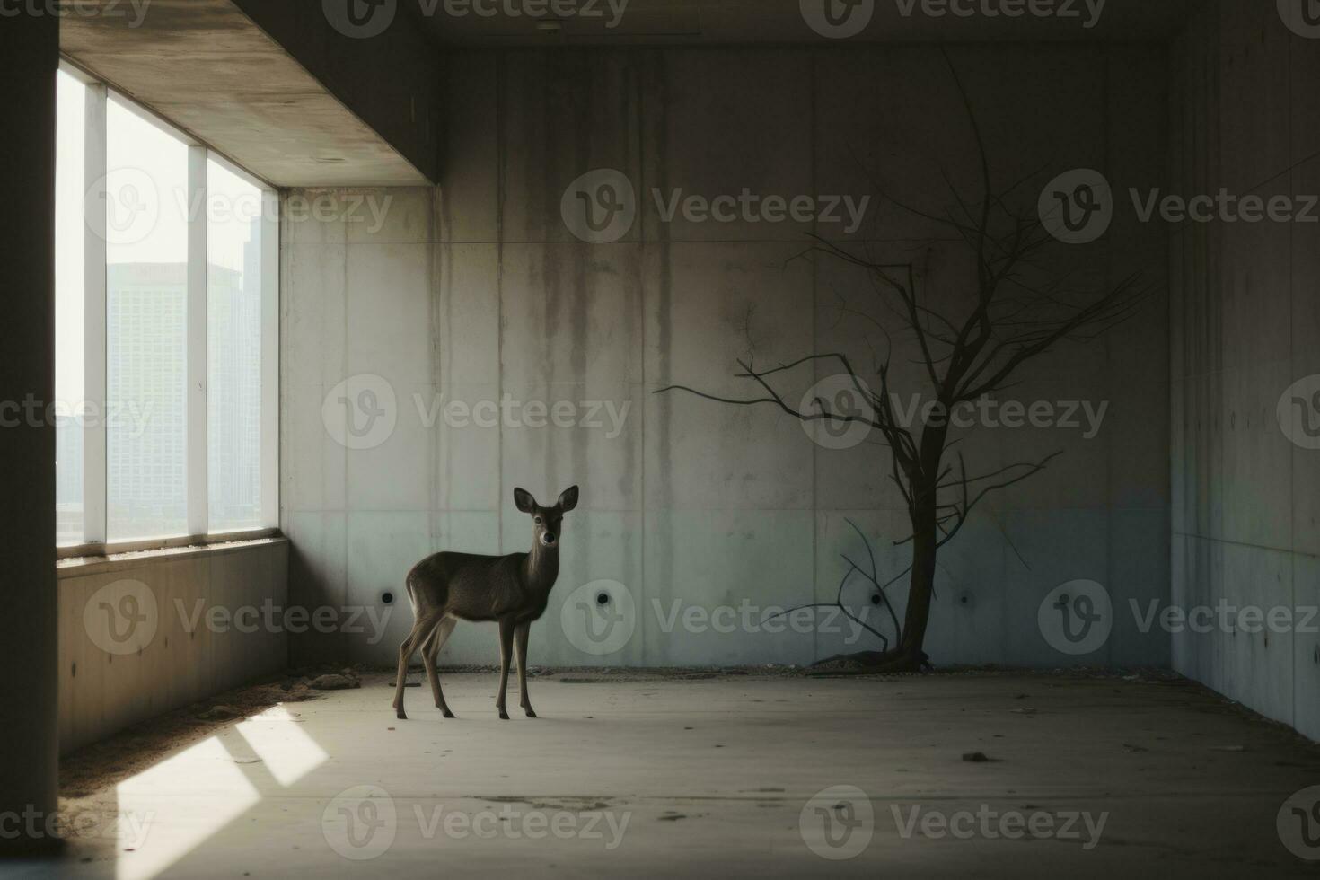 a deer stands alone in an empty room generative ai photo