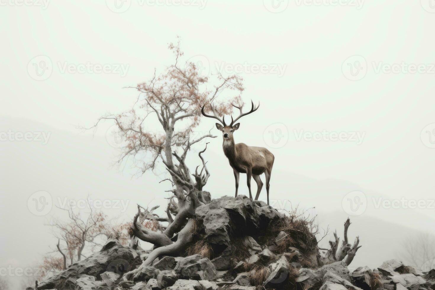 a deer stands on top of a rock in the fog generative ai photo