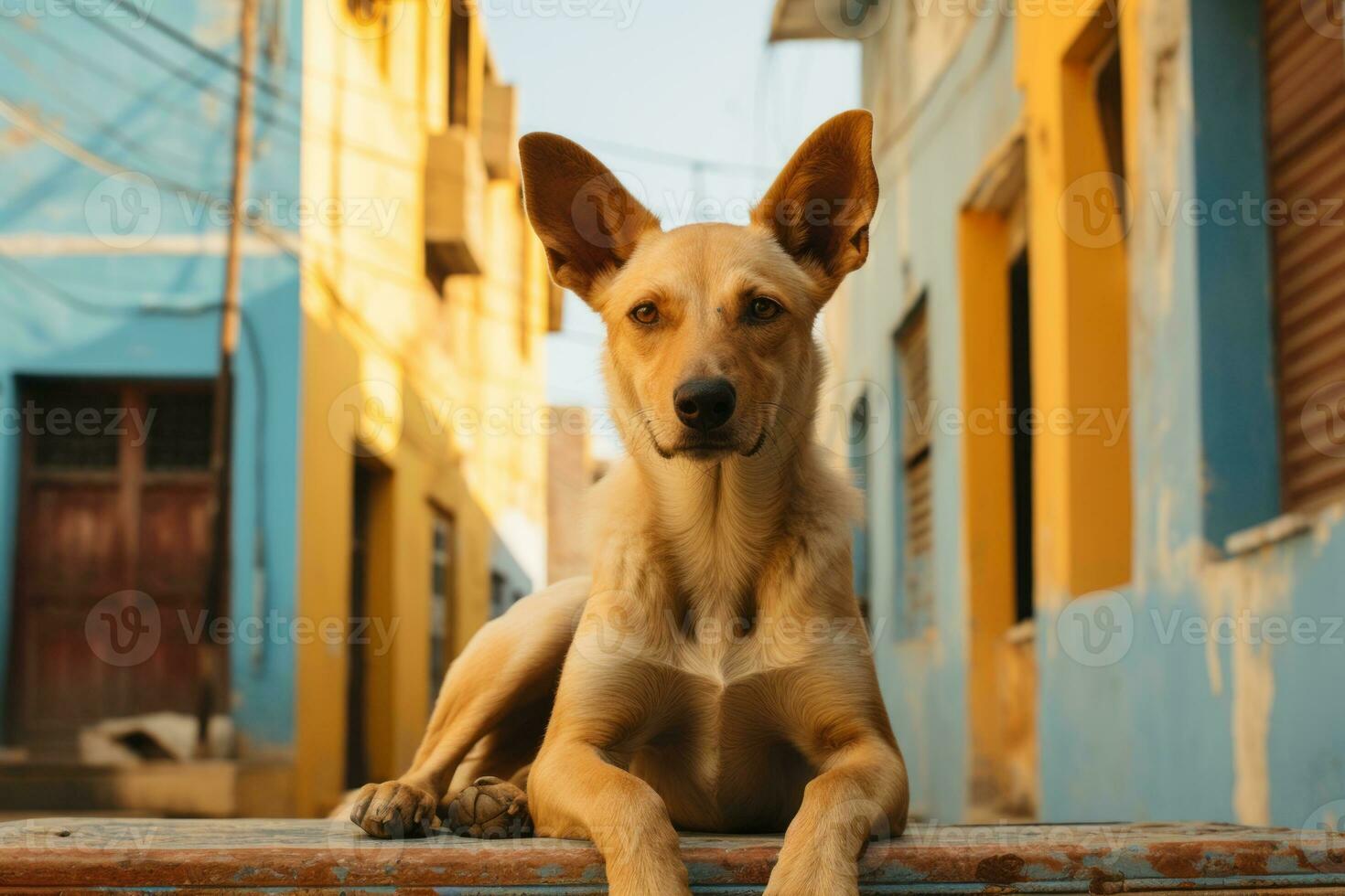 a dog sitting on a bench in front of colorful buildings generative ai photo
