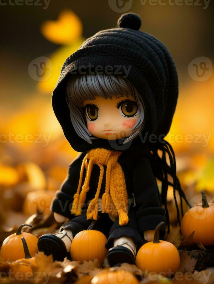 a doll in a black hoodie sitting on the ground surrounded by pumpkins generative ai photo
