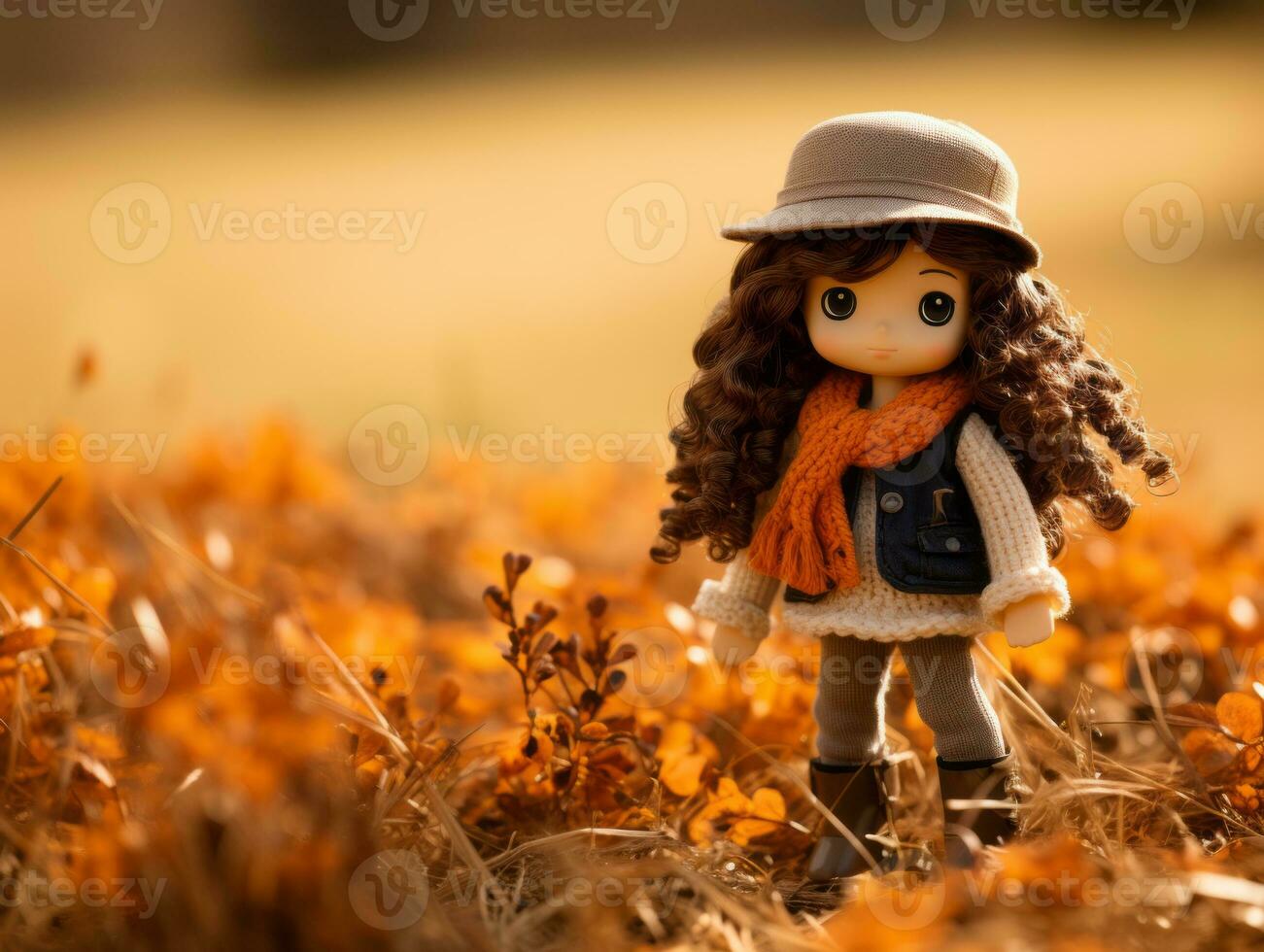 a doll is standing in a field of autumn leaves generative ai photo