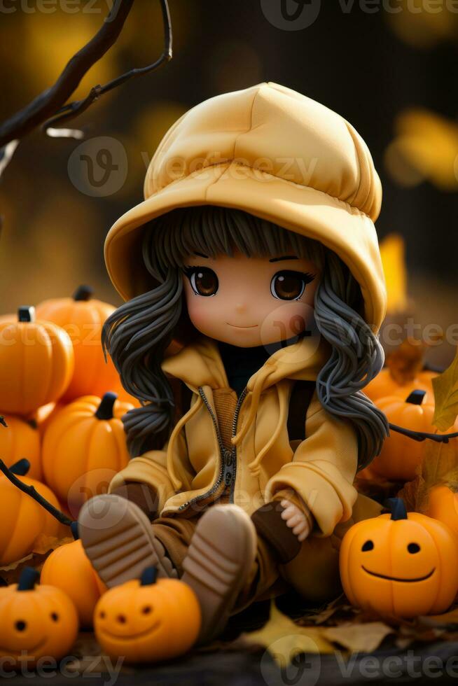 a doll sitting in front of pumpkins generative ai photo