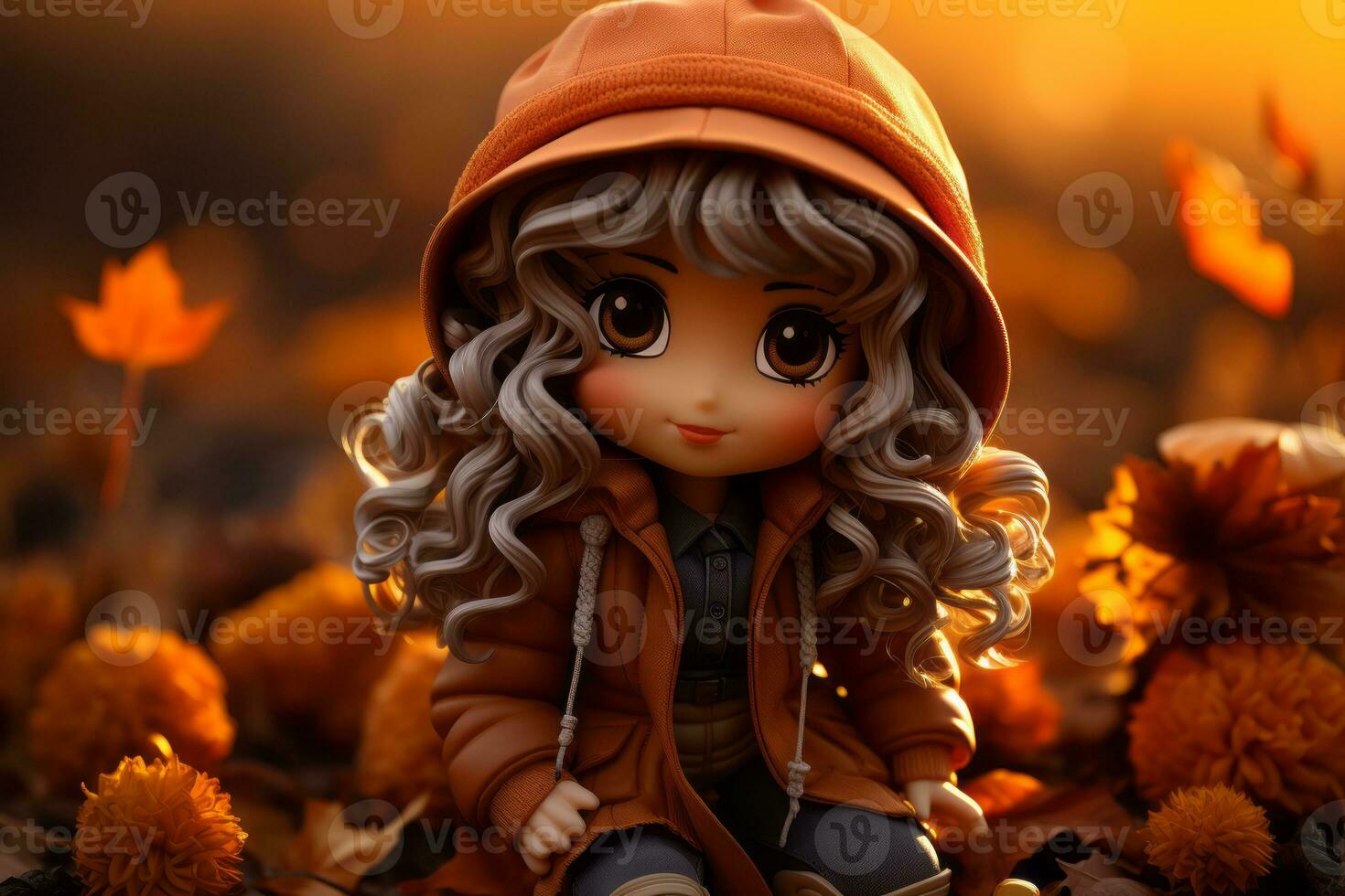 a doll sitting on the ground with autumn leaves in the background generative ai photo