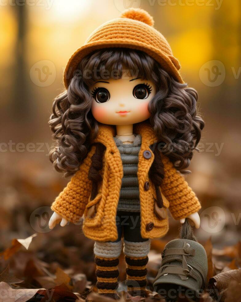 a doll wearing a brown coat and hat stands in the leaves generative ai photo