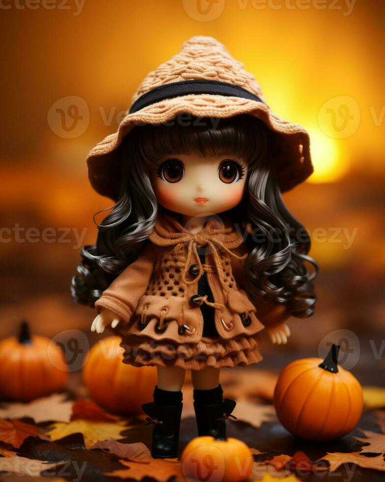 a doll wearing a hat and dress standing in front of pumpkins generative ai photo