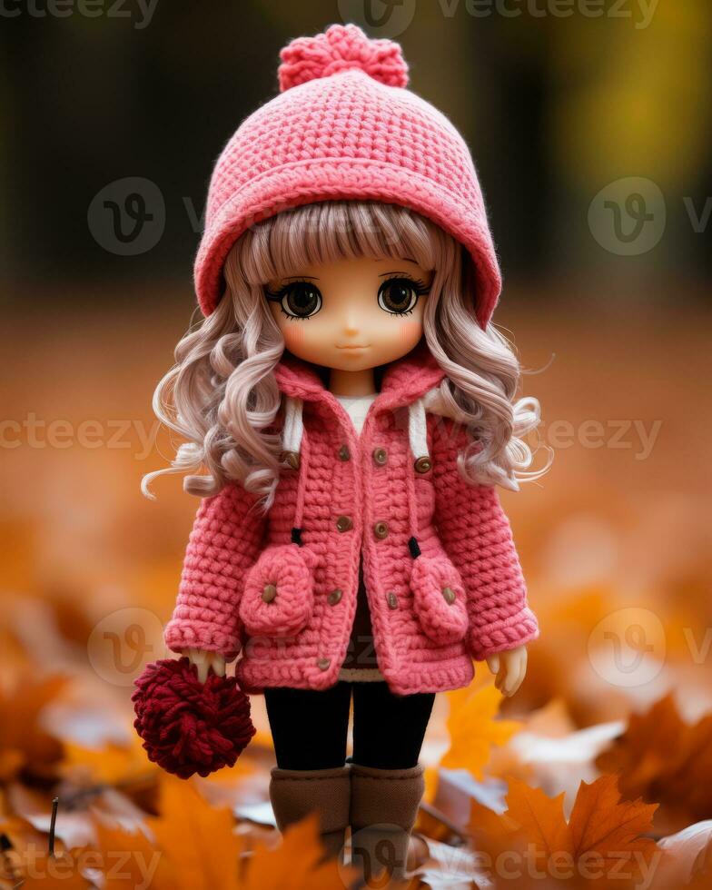 a doll wearing a pink knitted coat and holding a red ball generative ai photo