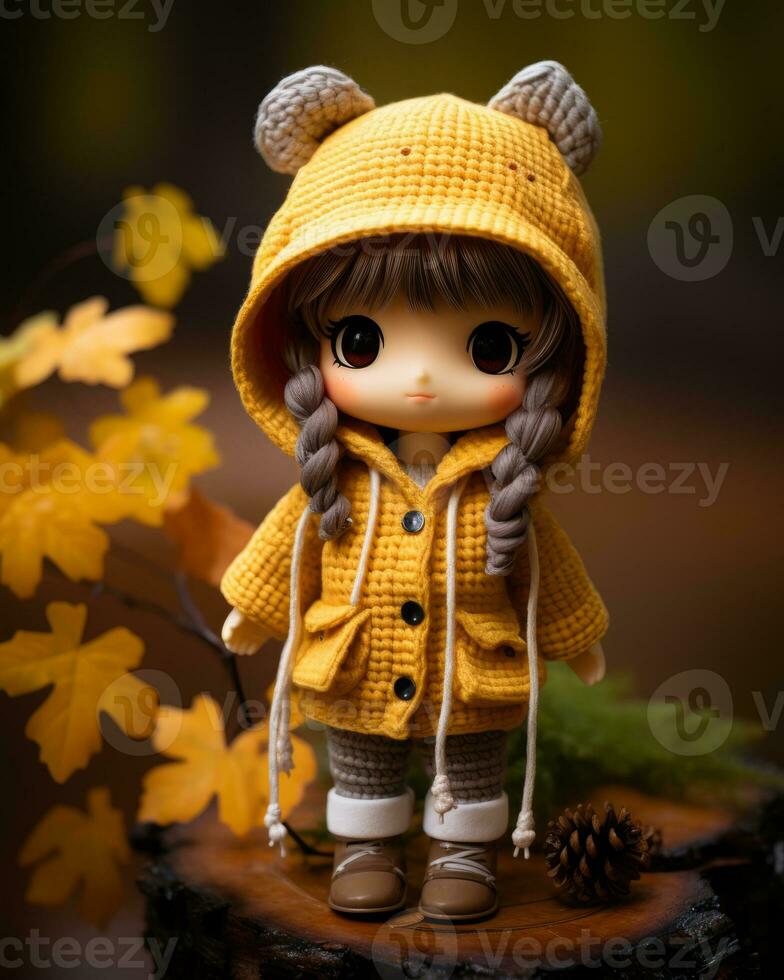 a doll wearing a yellow coat and boots standing on a log generative ai photo