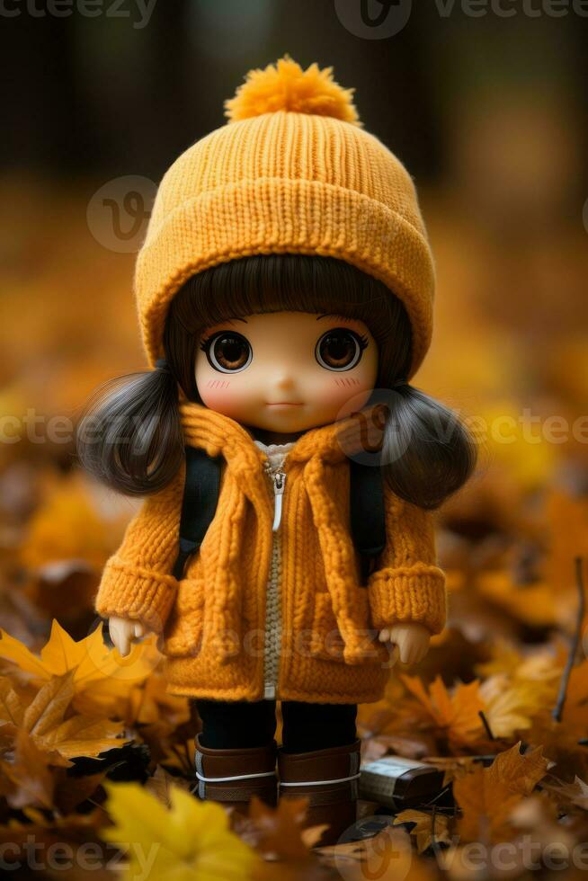 a doll wearing a yellow coat and hat stands in a pile of fallen leaves generative ai photo