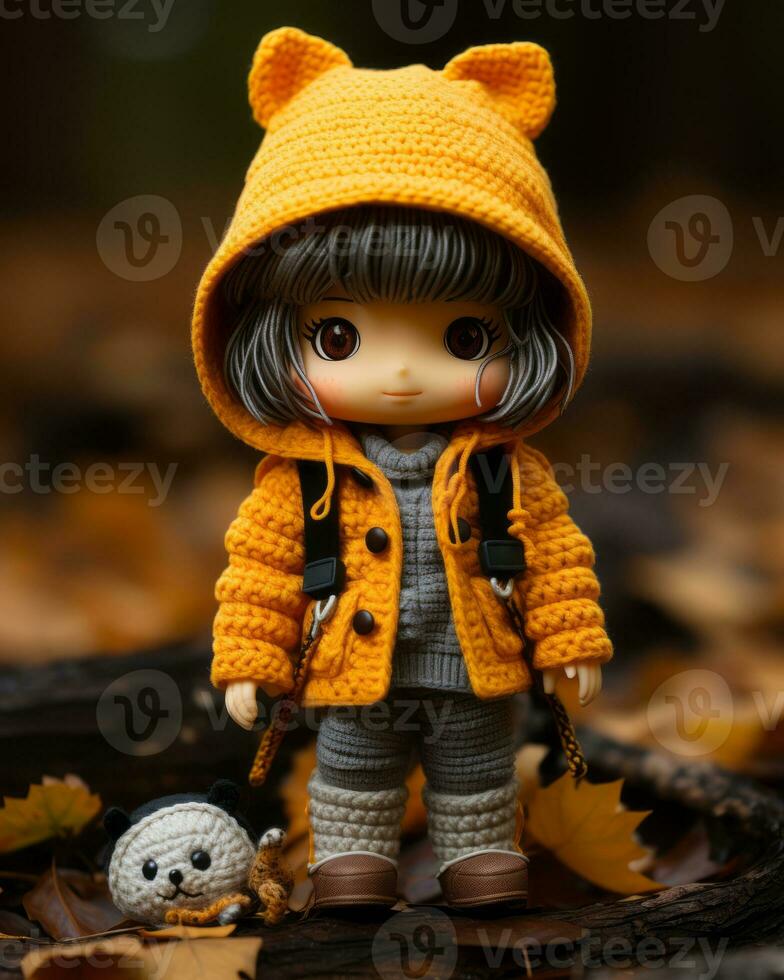 a doll wearing a yellow coat and holding a stuffed animal generative ai photo
