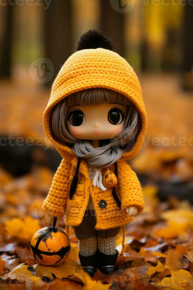 a doll wearing a yellow coat and holding a pumpkin generative ai photo