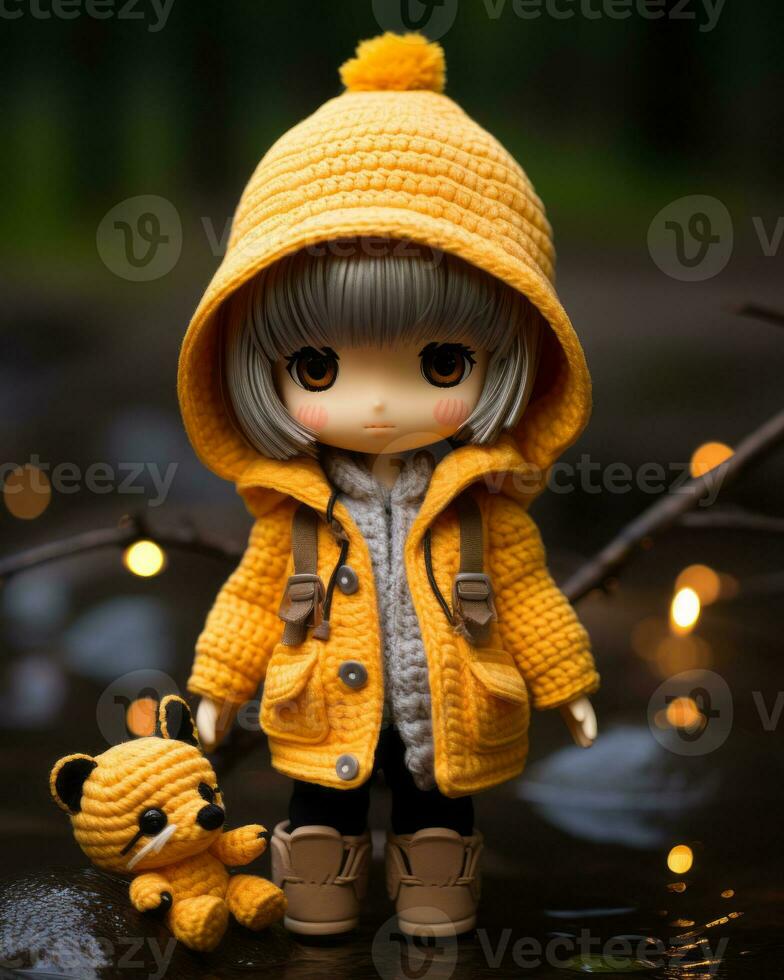 a doll wearing a yellow coat and holding a teddy bear generative ai photo