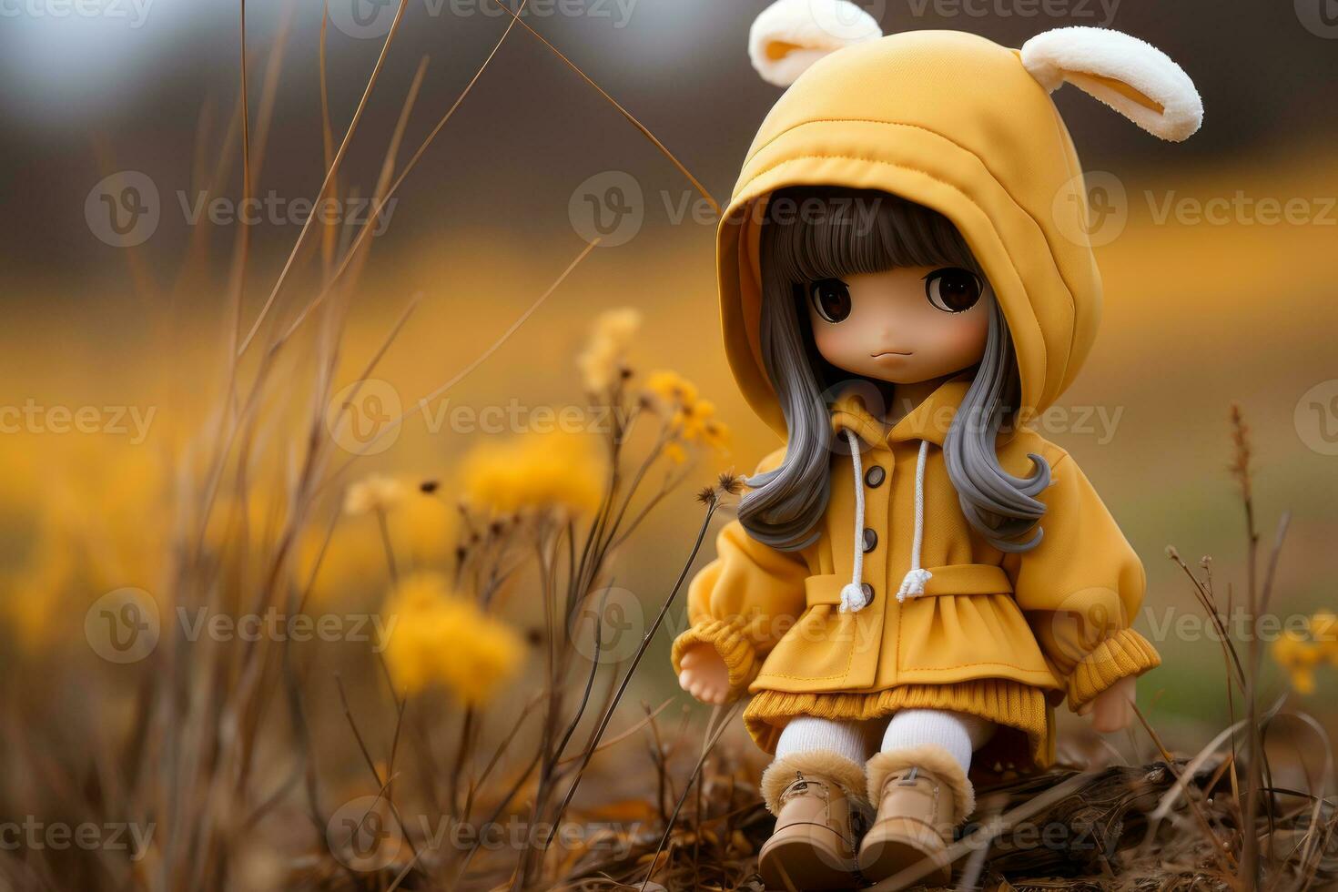a doll wearing a yellow coat sits in a field of yellow flowers generative ai photo