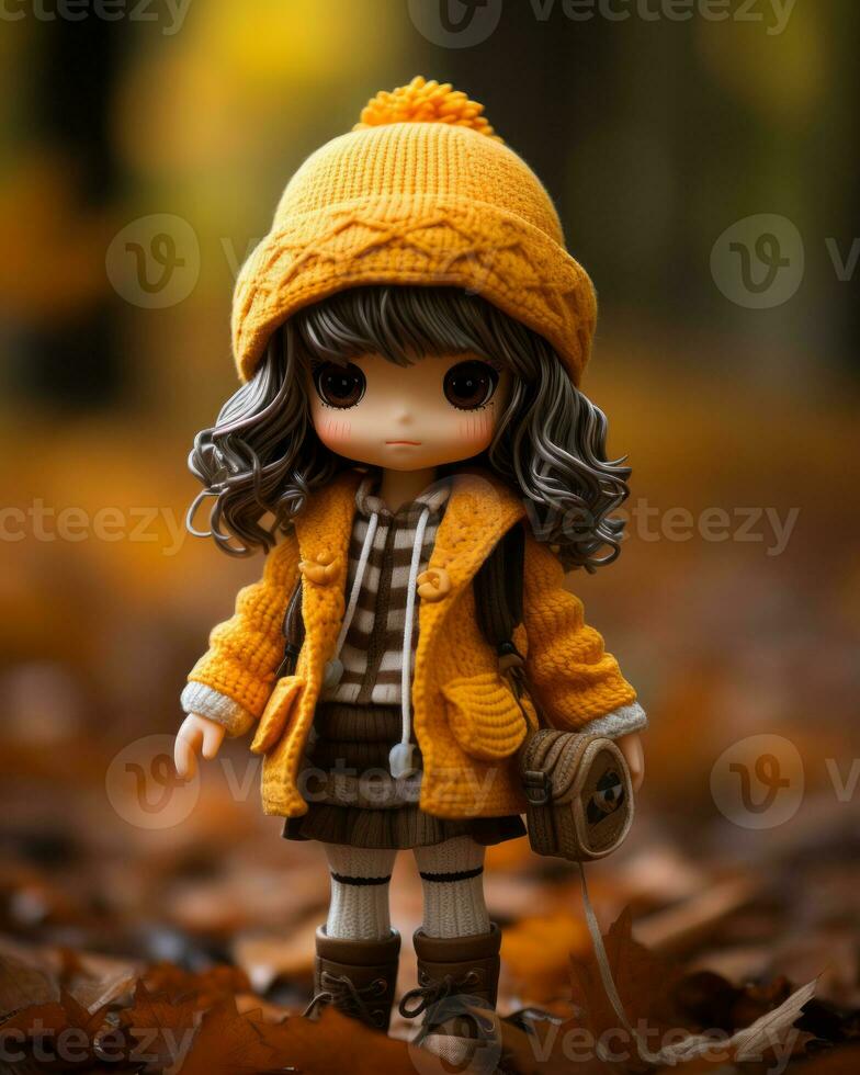 a doll wearing a yellow sweater and brown boots standing in the leaves generative ai photo