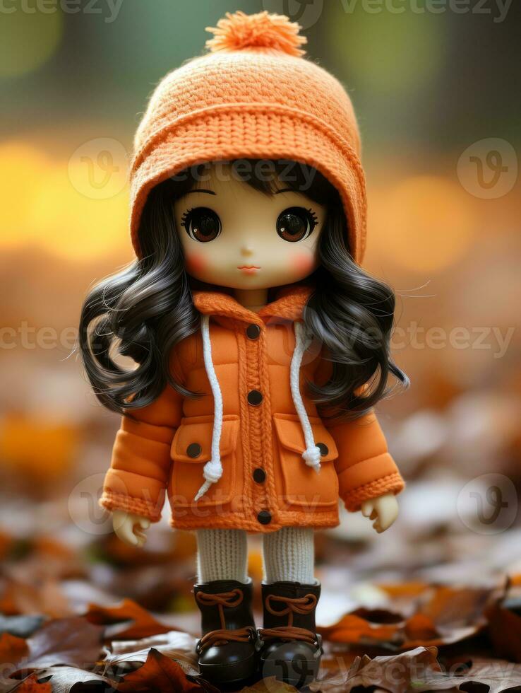a doll wearing an orange coat and boots standing in leaves generative ai photo