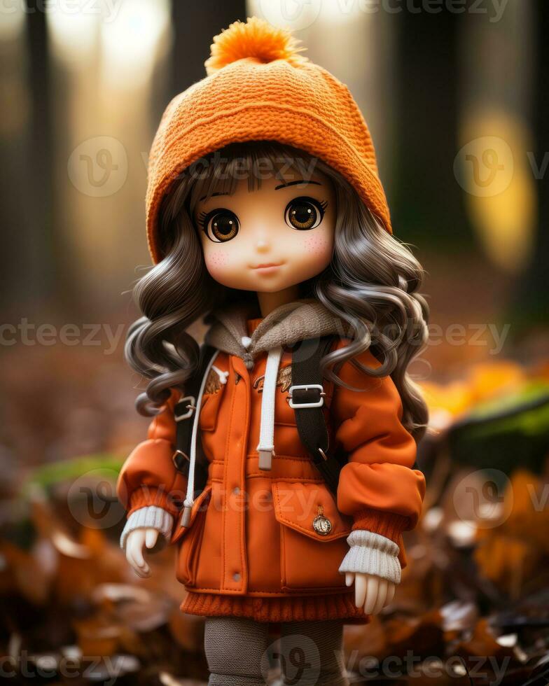a doll wearing an orange coat and hat in the woods generative ai photo