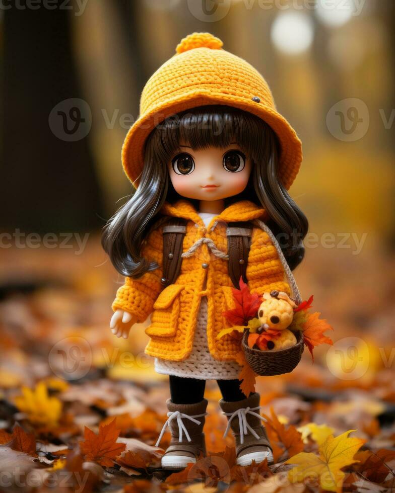 a doll wearing an orange coat and hat is standing in the leaves generative ai photo