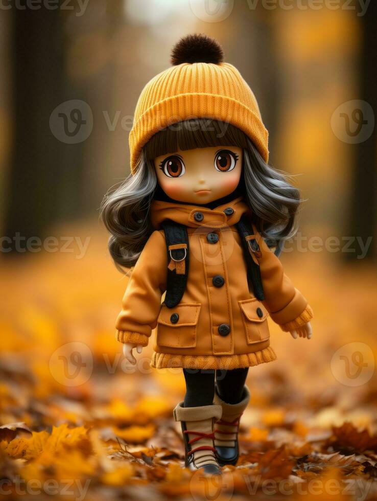 a doll wearing an orange coat and hat is walking in the autumn leaves generative ai photo