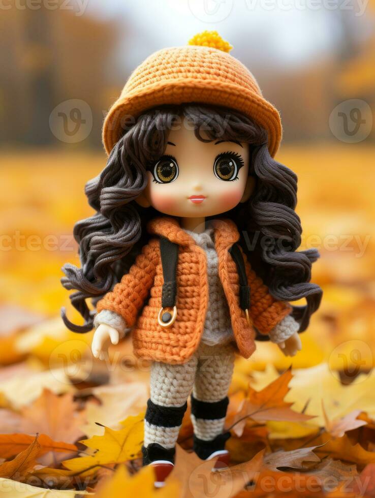 a doll wearing an orange coat and hat standing in the leaves generative ai photo
