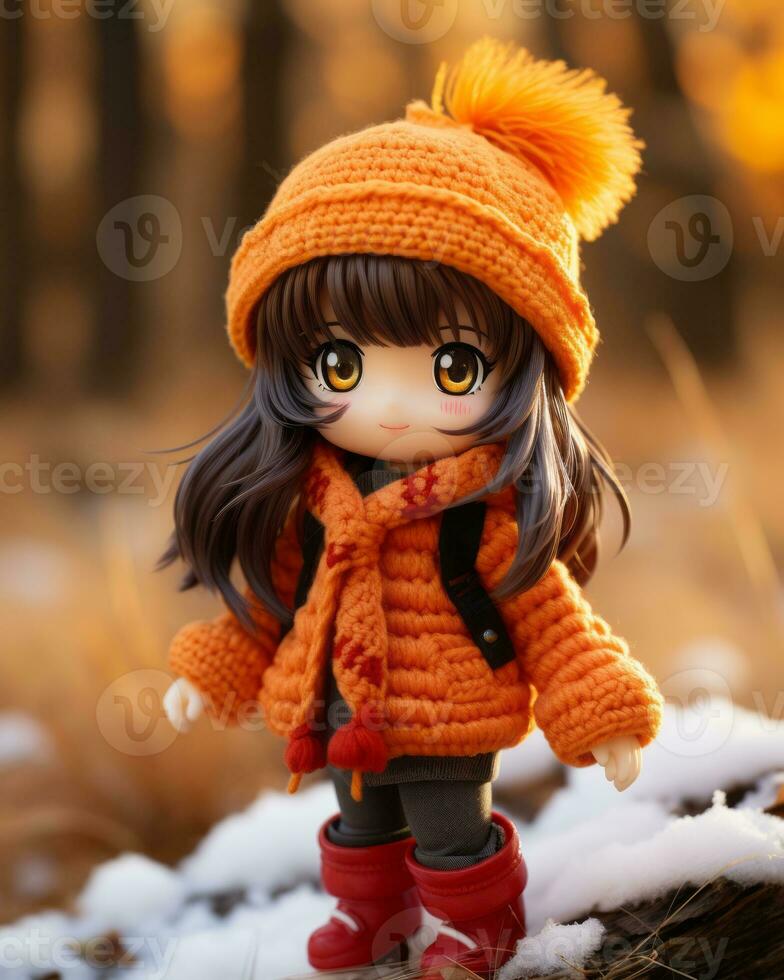 a doll wearing an orange coat and hat standing in the snow generative ai photo