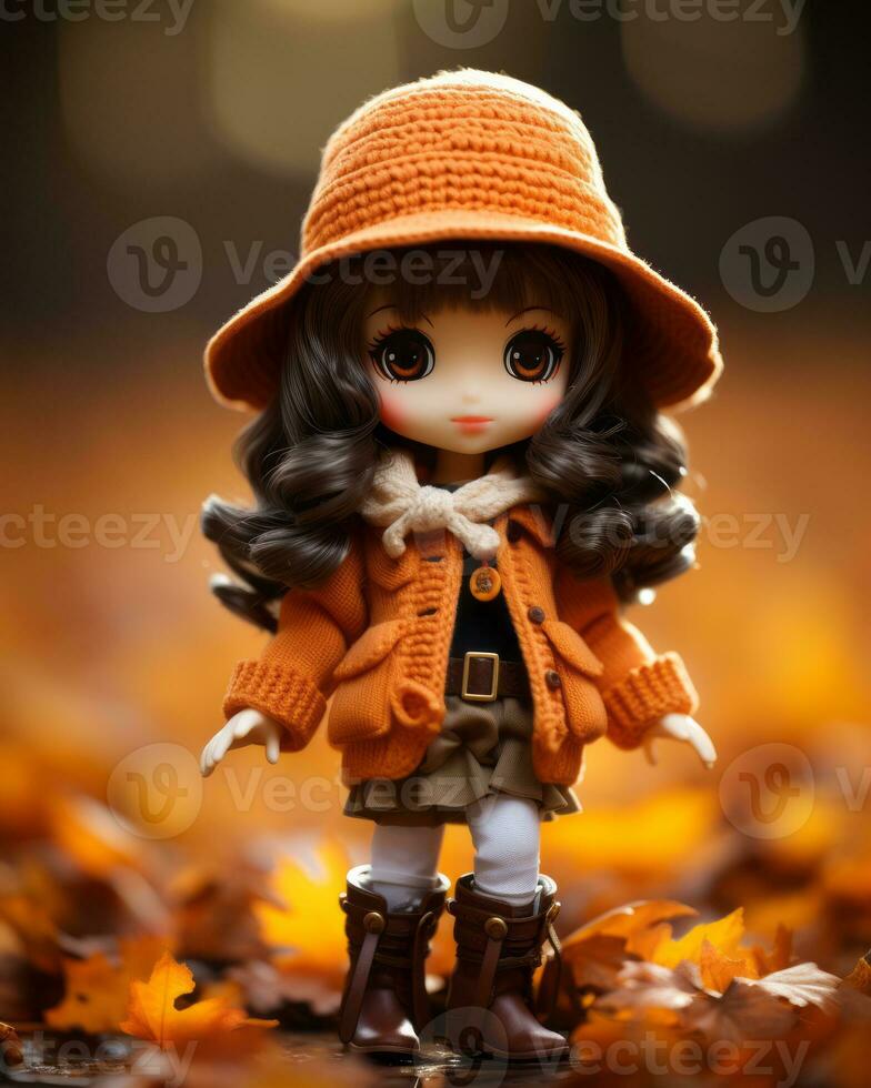 a doll wearing an orange coat and hat stands in the autumn leaves generative ai photo