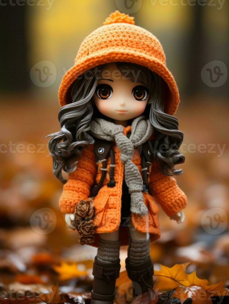 a doll wearing an orange coat and hat stands in the leaves generative ai photo