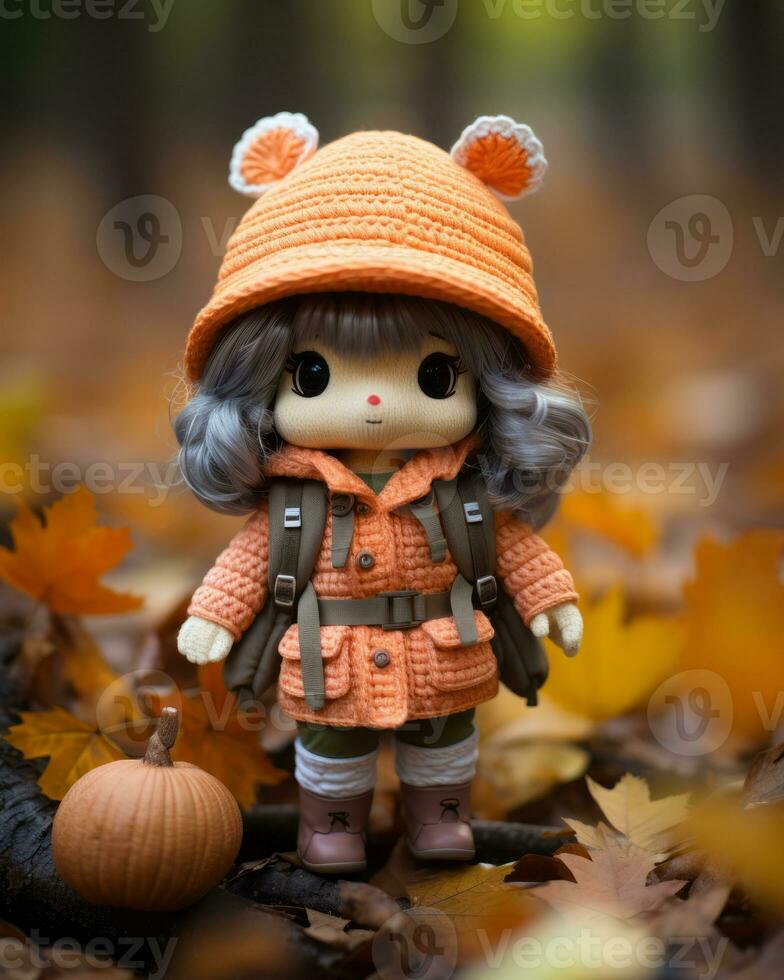 a doll wearing an orange coat and hat stands in the leaves generative ai photo