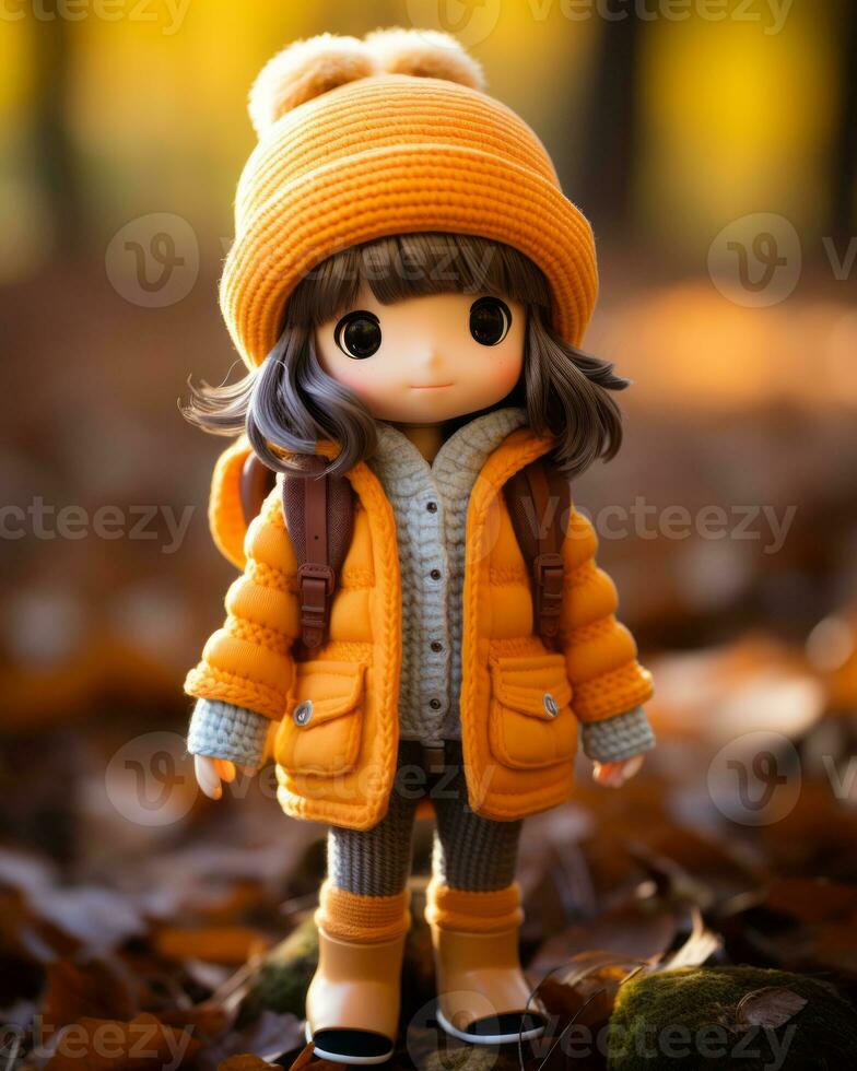 a doll wearing an orange coat and hat stands in the leaves generative ai photo