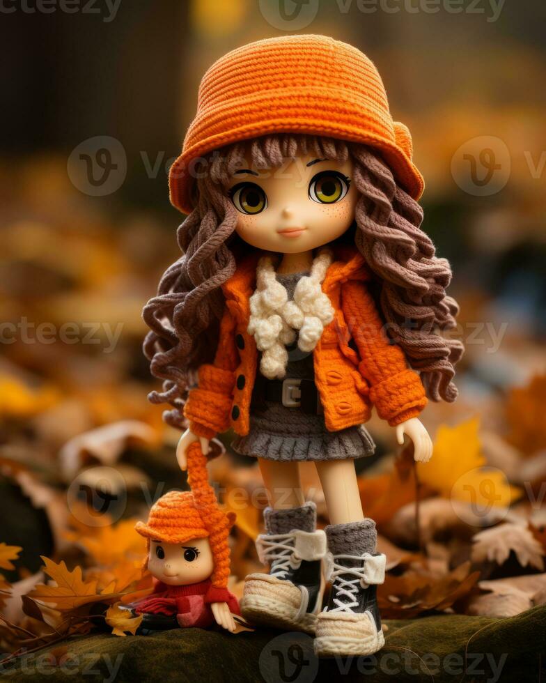 a doll wearing an orange coat and hat stands next to a small dog generative ai photo
