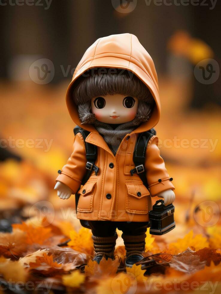 a doll wearing an orange coat and holding a camera generative ai photo
